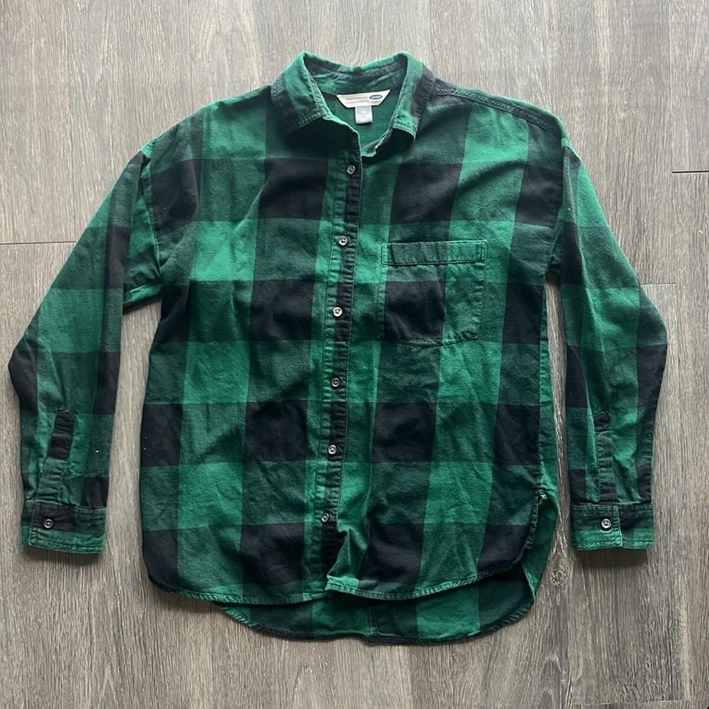 Old Navy The Boyfriend Shirt | Green Plaid | Size M